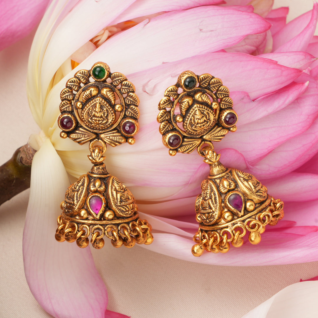 Antique Lakshmi with Ruby Leaf Jhumkas