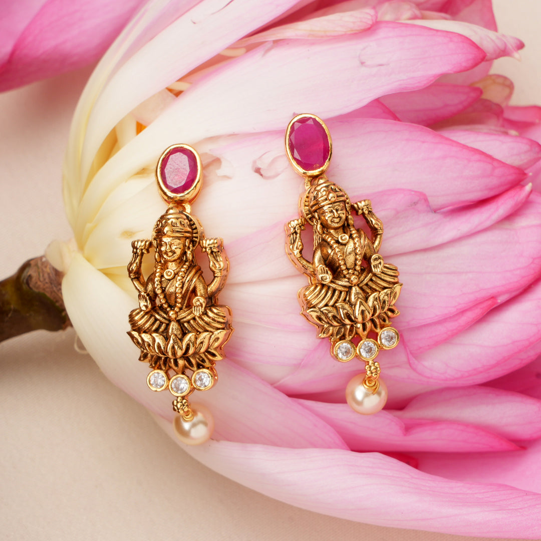 Single Ruby with Lakshmi Pearl Drops Earrings