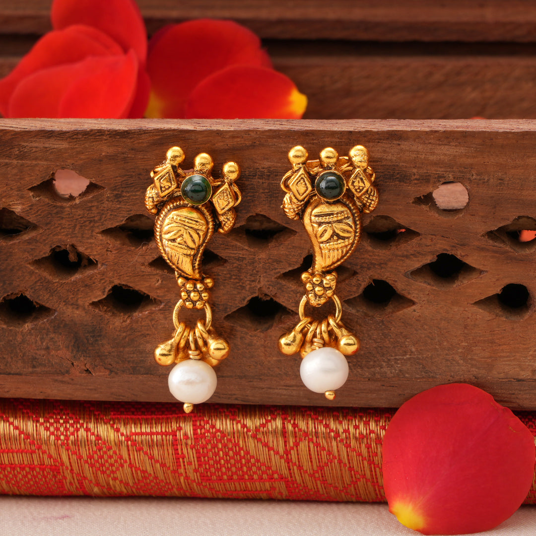 Antique Emerald Leaf with Pearl Drop Earrings