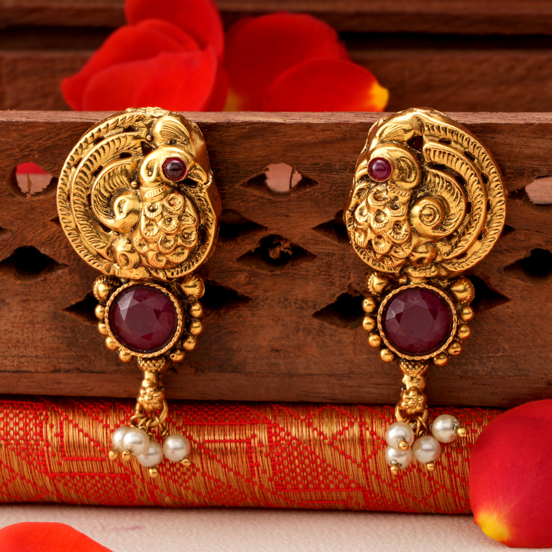 Antique Ruby Peacock with Pearl Drops Earrings