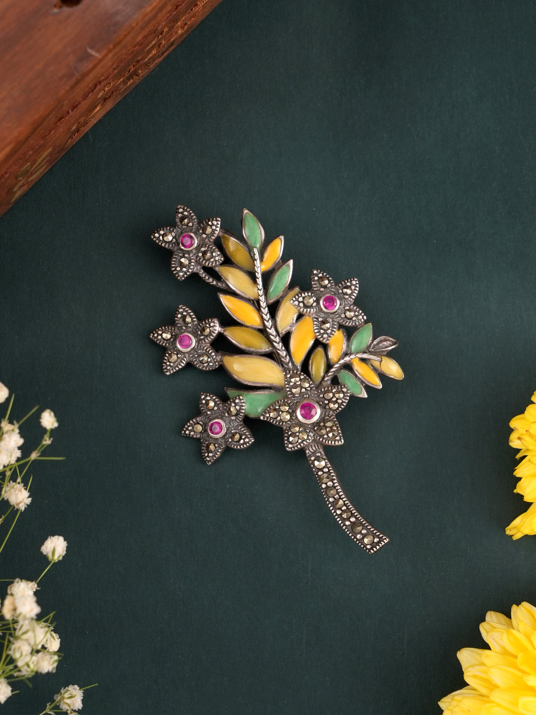 Marcasite Enamel Leaf with Floral Brooch in Silver