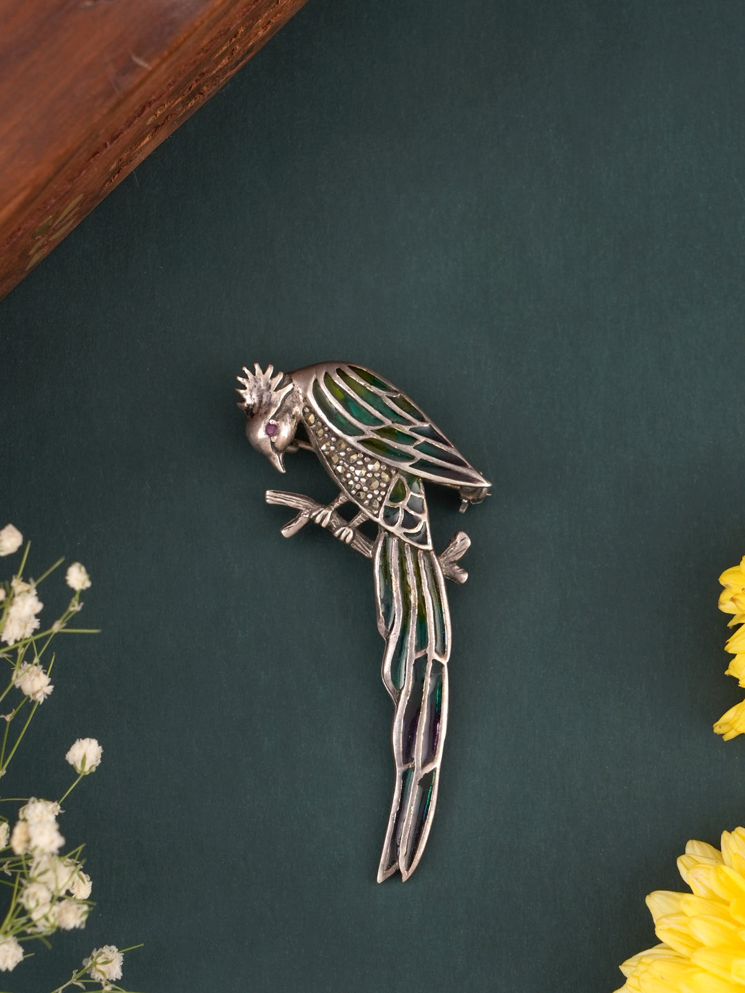 Delightful Parrot Antique Silver Saree Pin