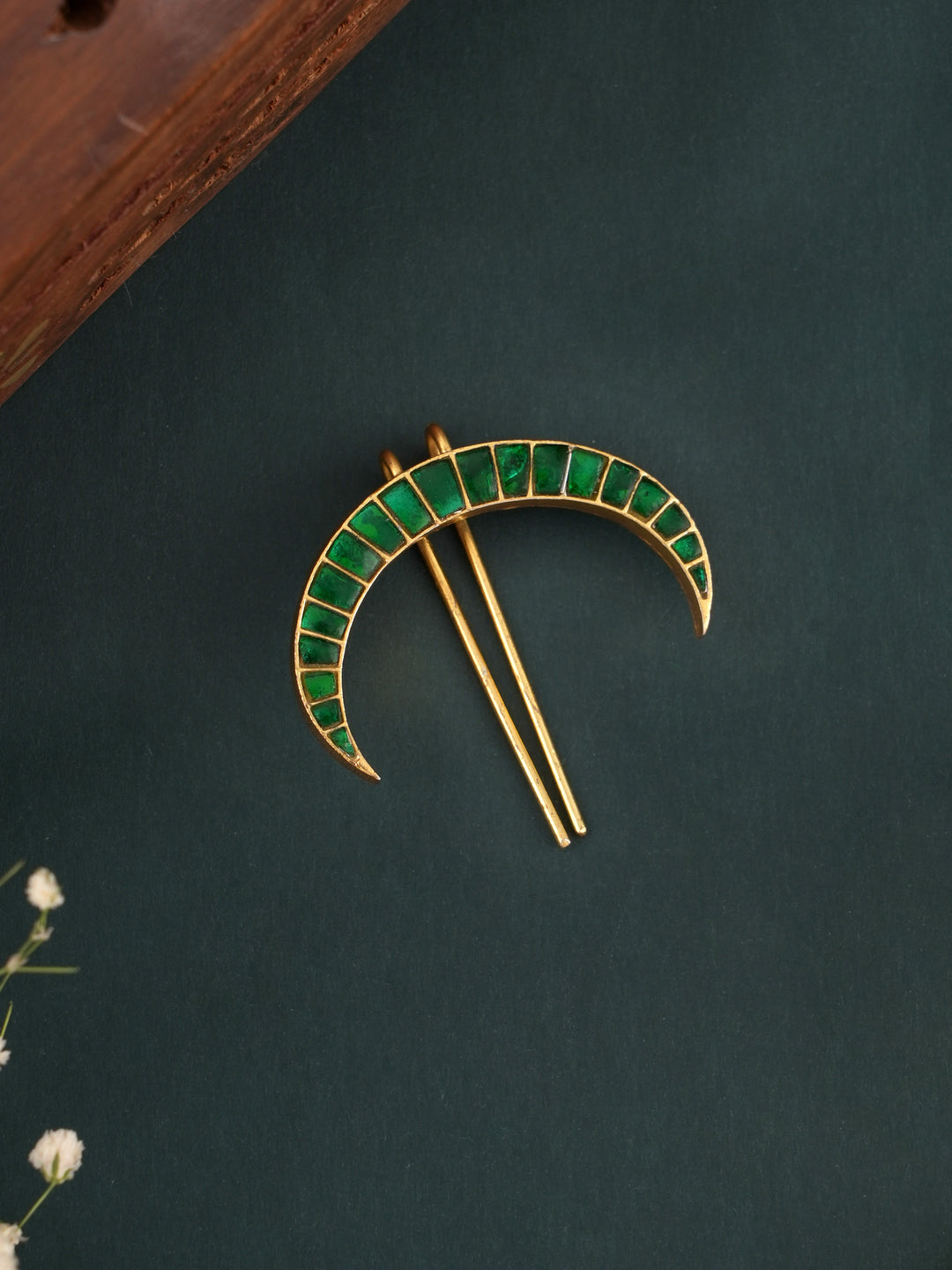 Half Moon Green Enamelled Silver Brooch