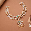 Blossom Floral Emerald Tear Drop Design Golden Necklace