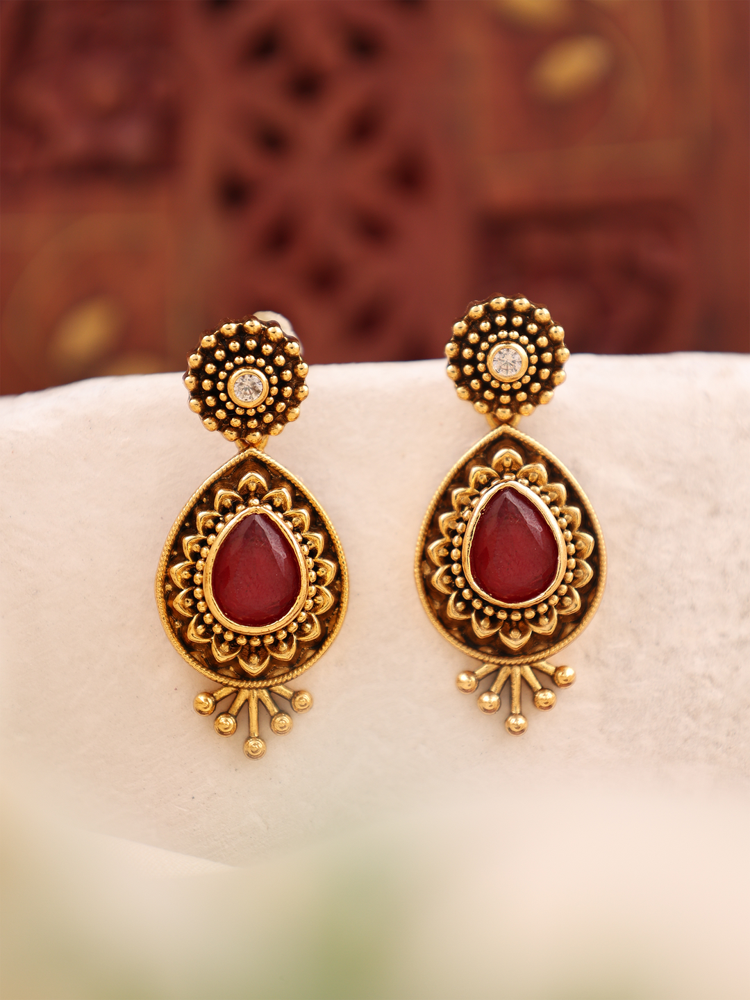 Antique Floral Grace Ruby Drop Earrings