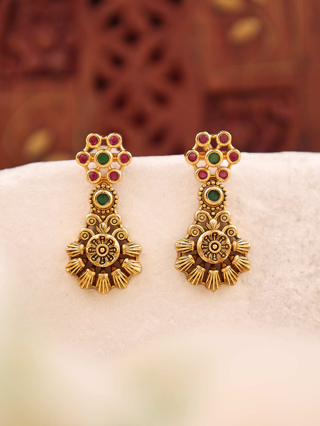 Petal Spark Ruby Emerald Antique Earrings