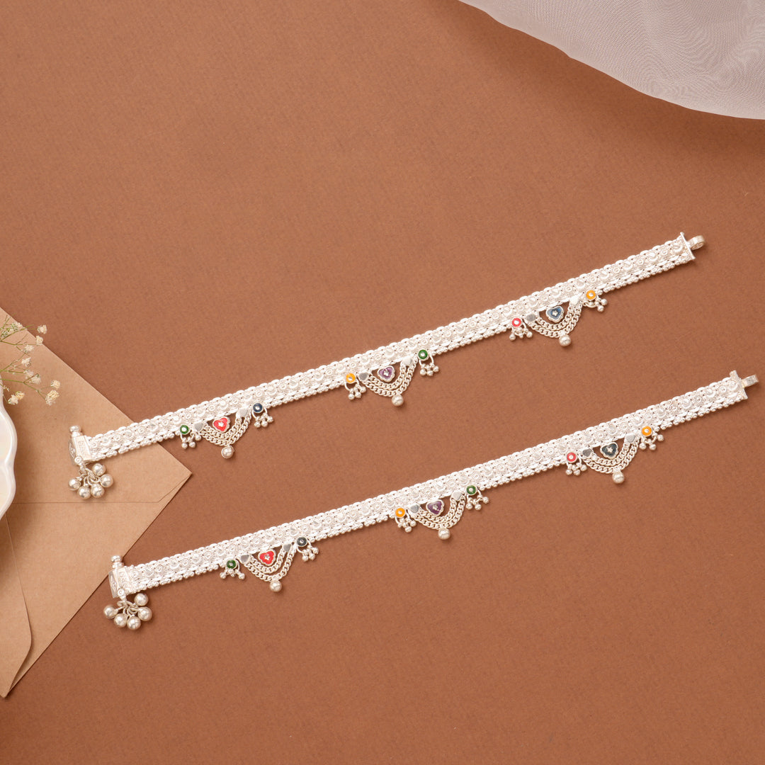 Enamel Heart Chain Drop Silver Anklet