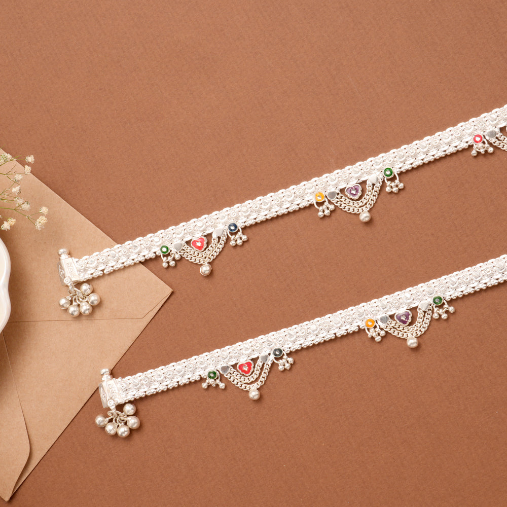Enamel Heart Chain Drop Silver Anklet