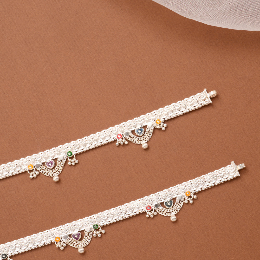 Enamel Heart Chain Drop Silver Anklet