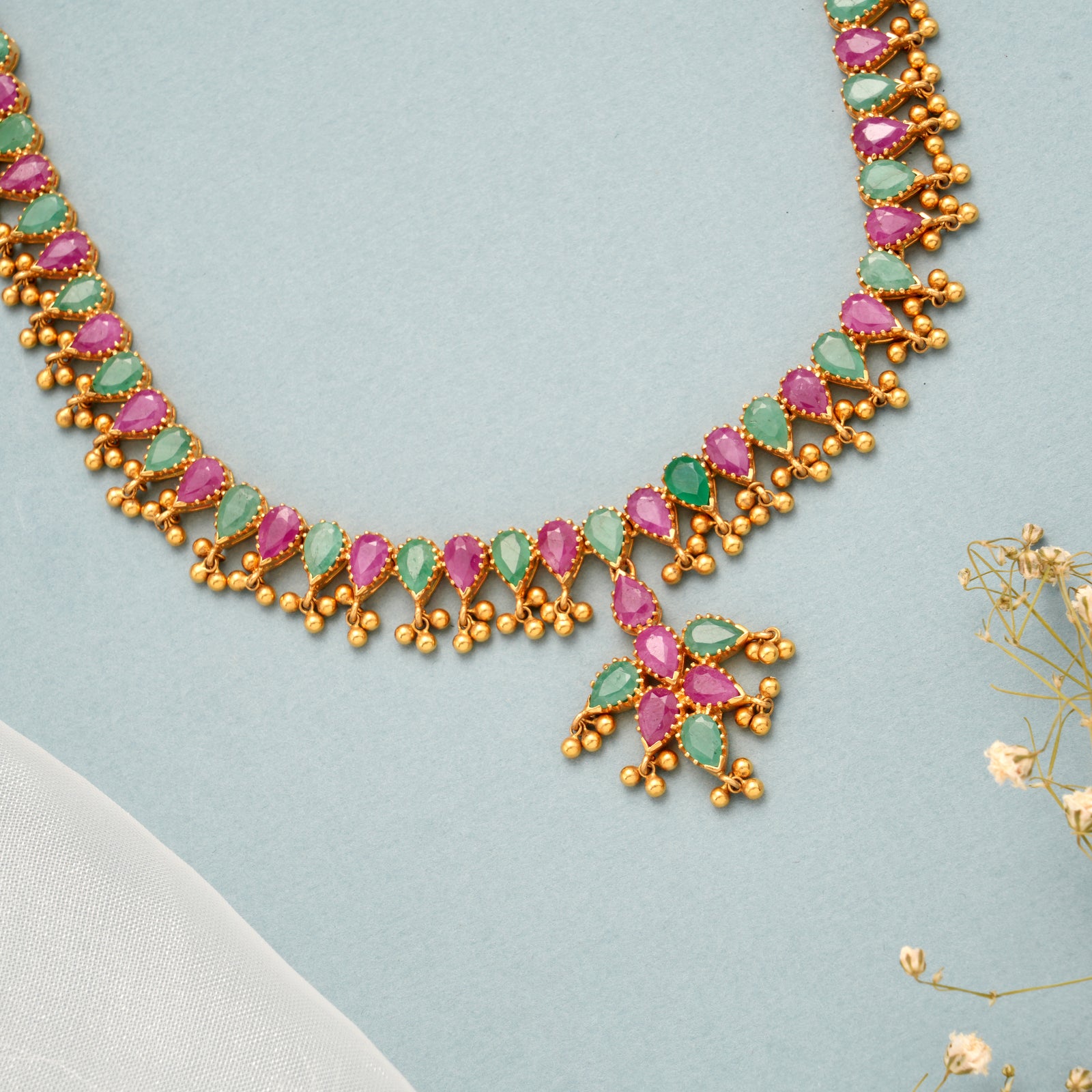 Elegant Ruby Emerald Gold Short Necklace
