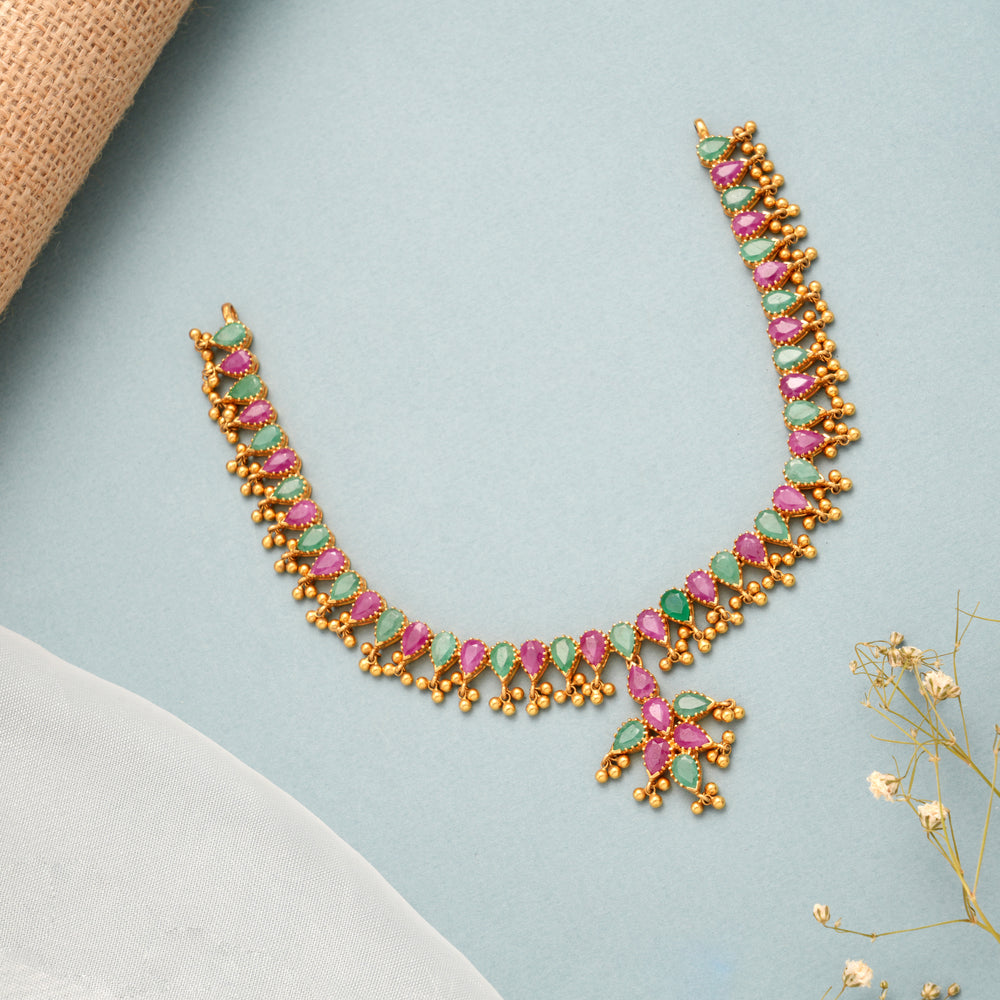 Elegant Ruby Emerald Gold Short Necklace