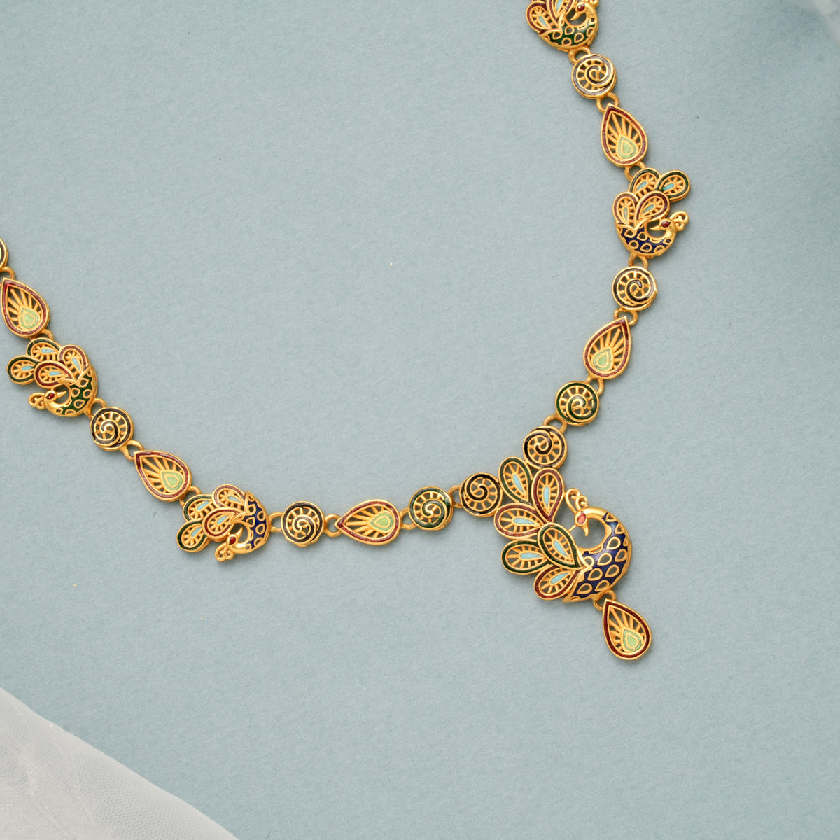 Intricate Enamel with Peacock Gold Necklace
