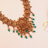 Silver Lakshmi Temple Haram with Green Stones and Pearl Drops