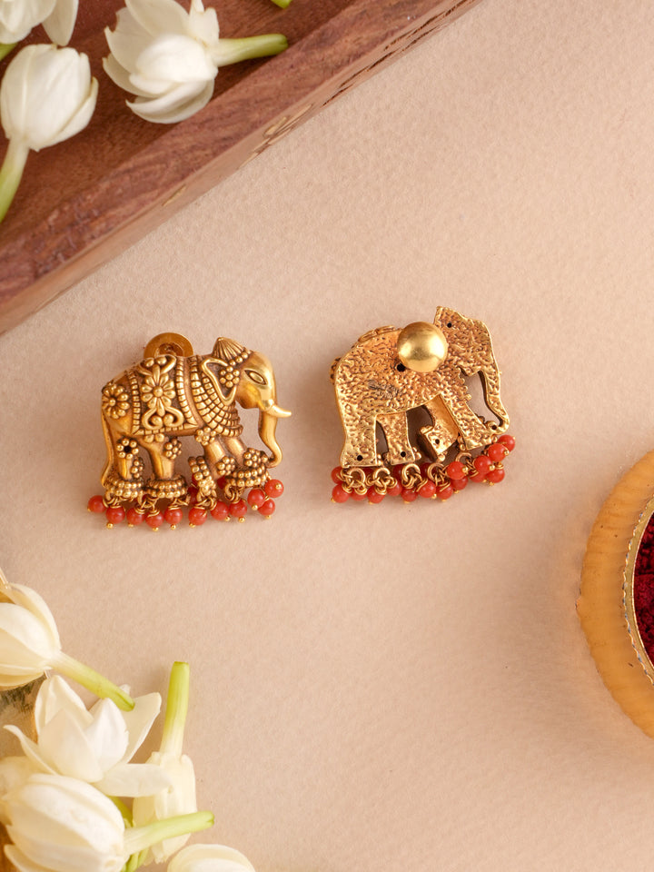 Antique Gold Elephant Earrings with Coral