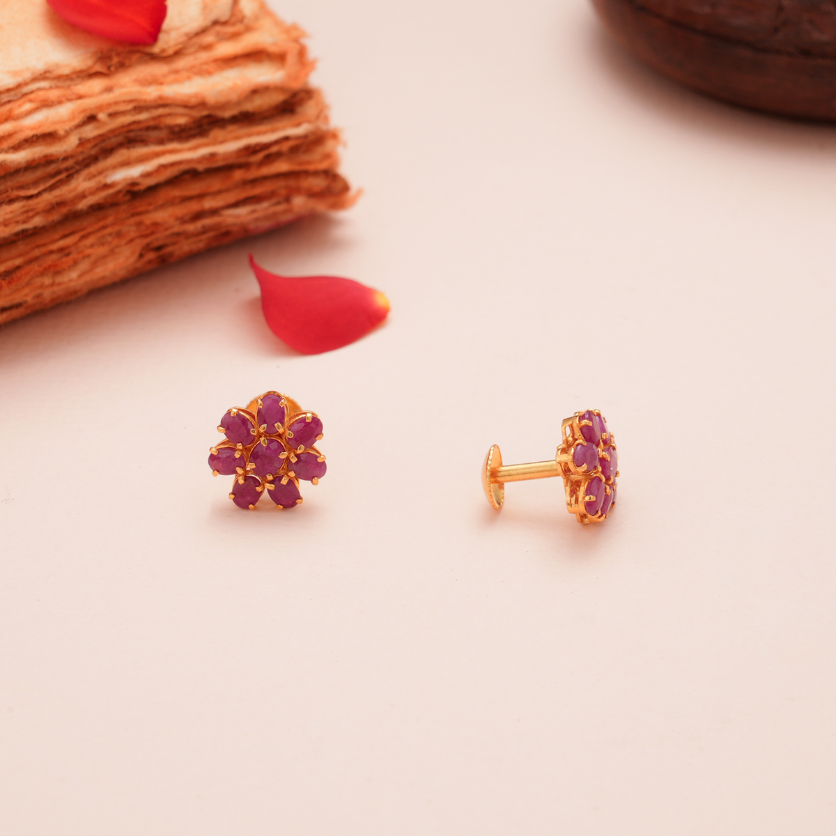 Ruby Floral Cluster Gold Stud