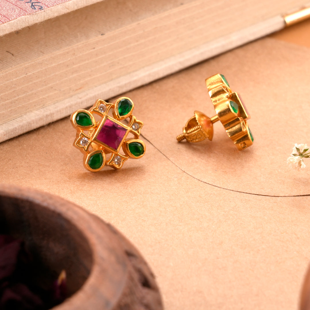 Ruby & Emerald Square Kundan Stud