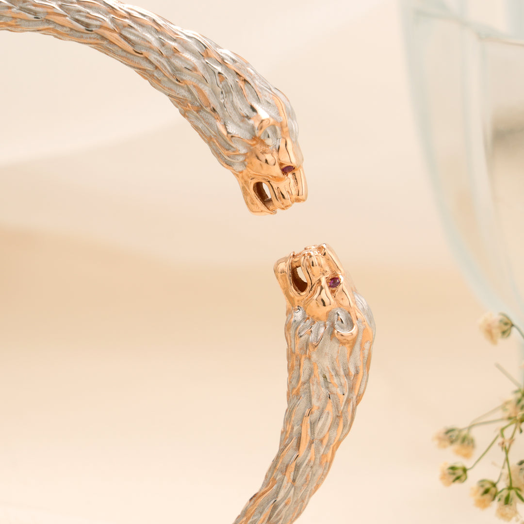 Dual Tone Panther Head Open Cuff Kada