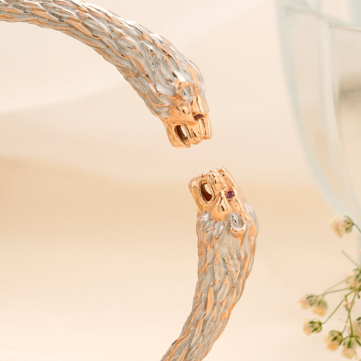 Dual Tone Panther Head Open Cuff Kada