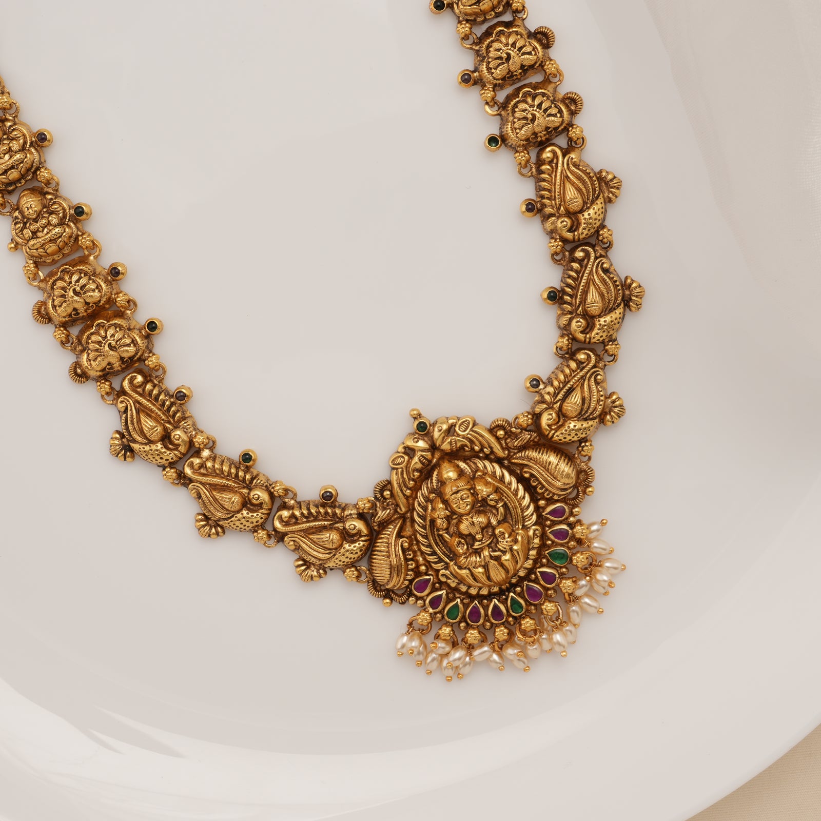Lakshmi with Peacock Pearl Drop Golden Nagas Haram