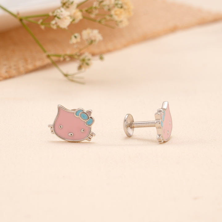 Pink Kitty Face Enamel Silver Stud