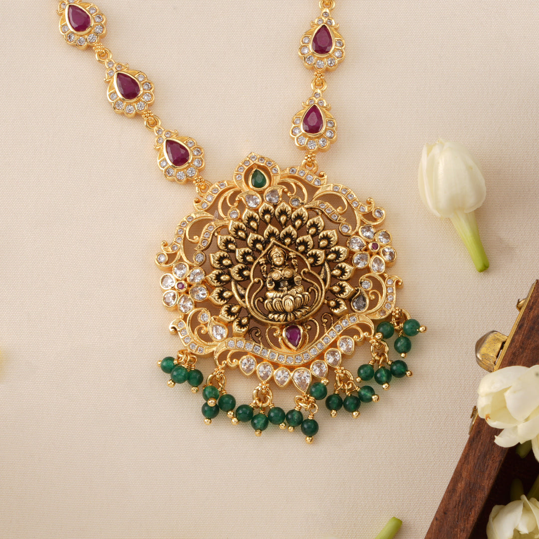Temple Lakshmi Pendant with Ruby Leaf Necklace