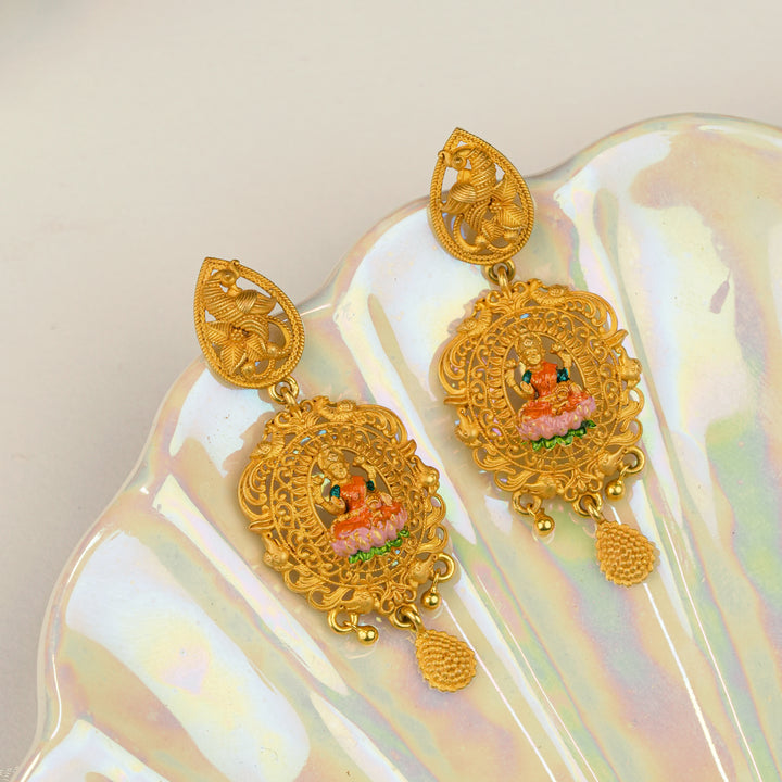 Lakshmi Floral Drop Temple Gold Earring