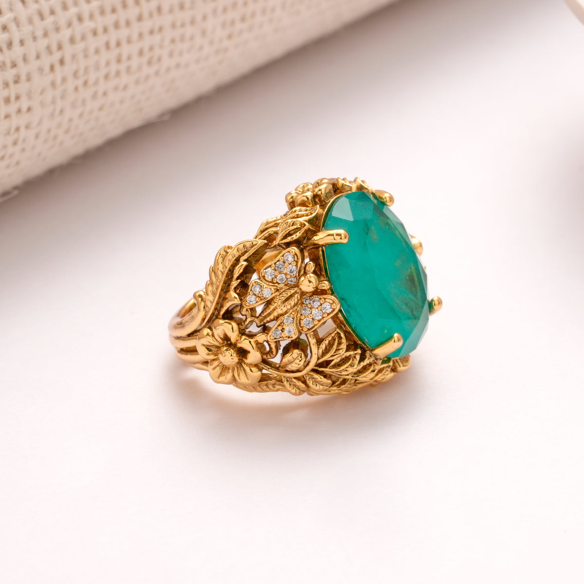 Elegant Oval Green Stone Golden Ring for Men