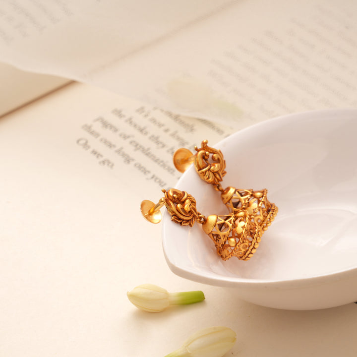 Intricate Peacock Design Nagas Golden Jhumkas