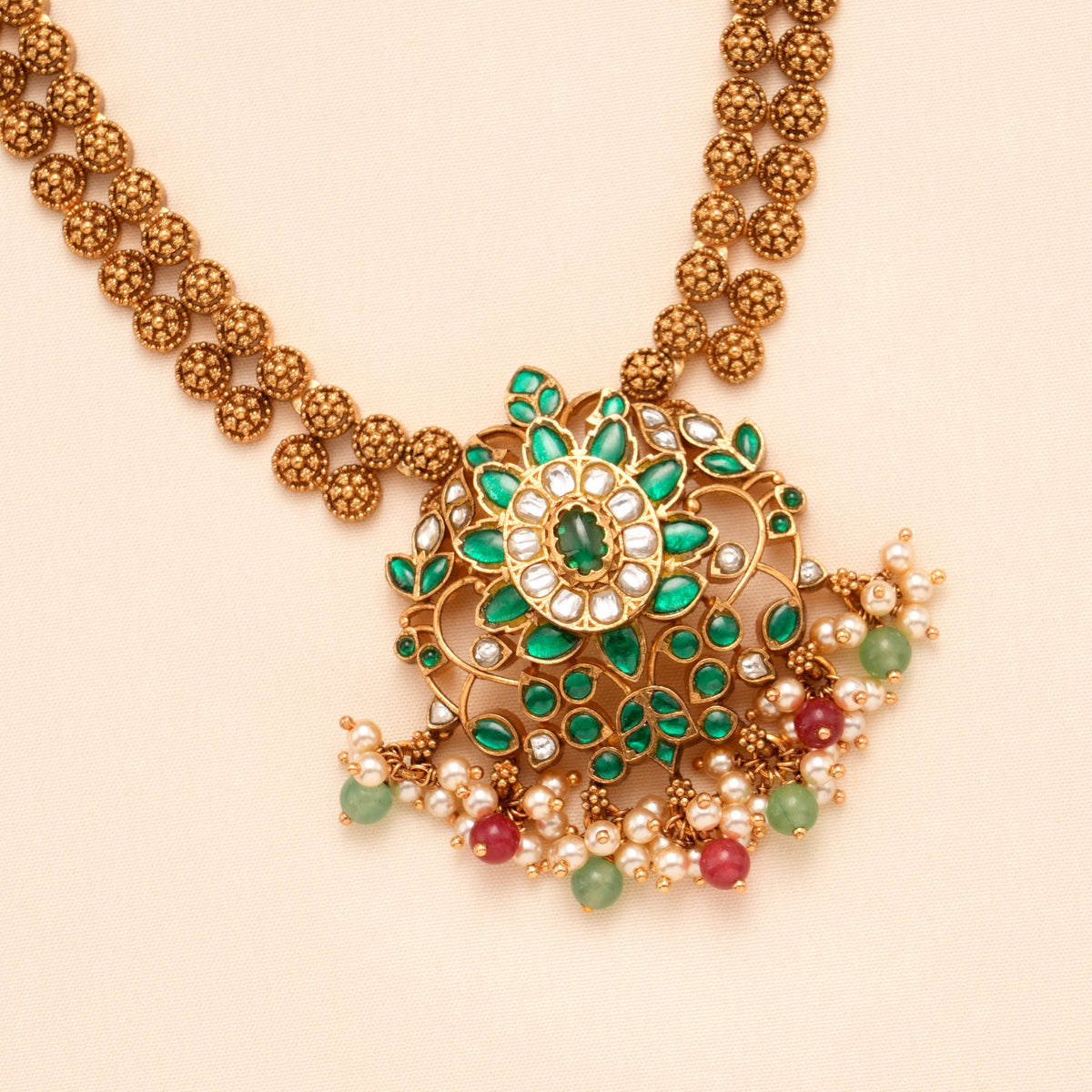 Heritage Emerald with Multi Colour Bead Drops Golden Necklace