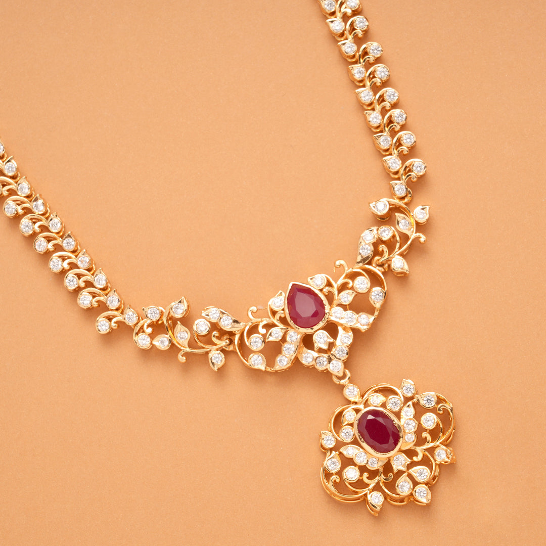 Traditional Ruby Tear Drop Floral Golden Necklace