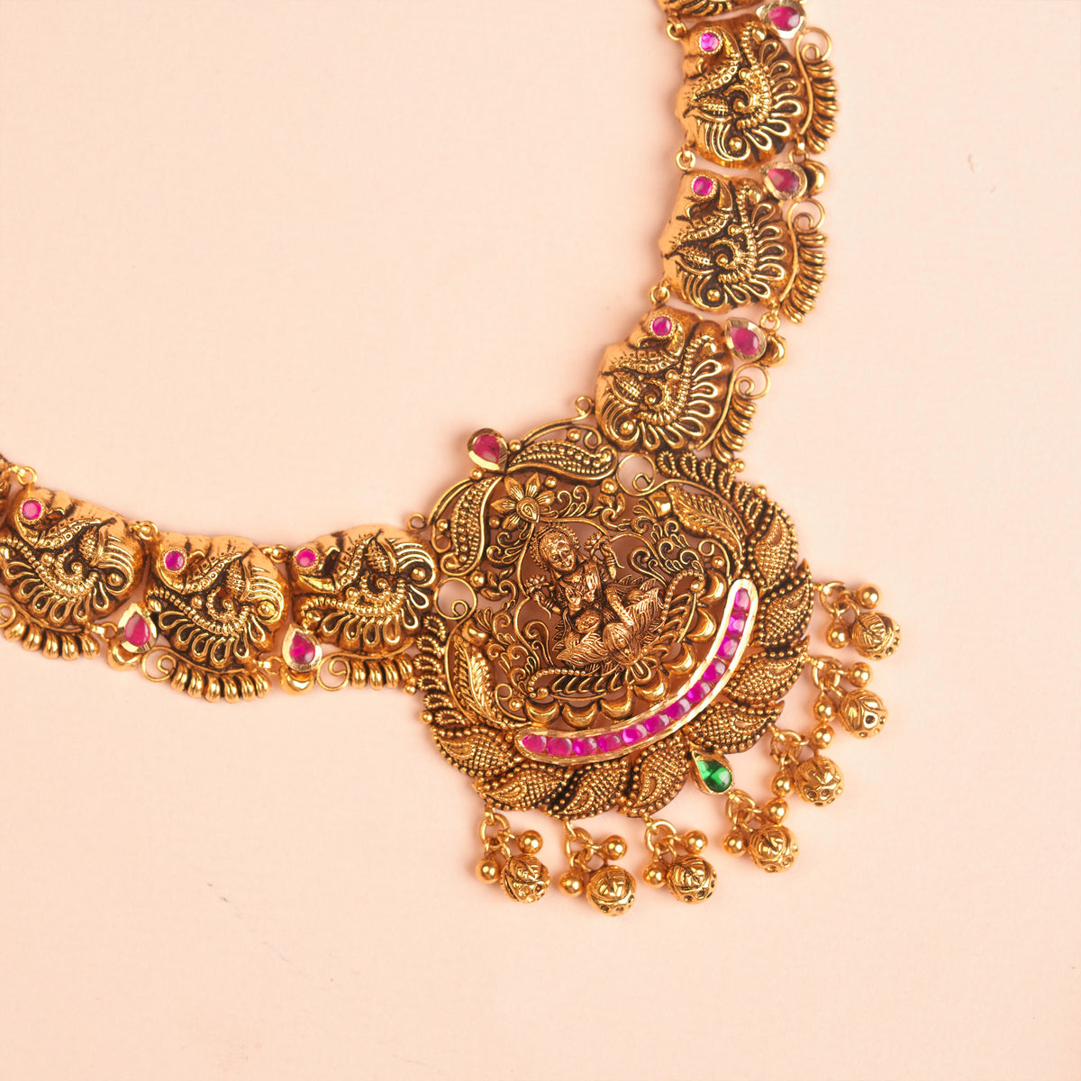 Gold Antique Lakshmi Temple Necklace with Peacock Link Chain