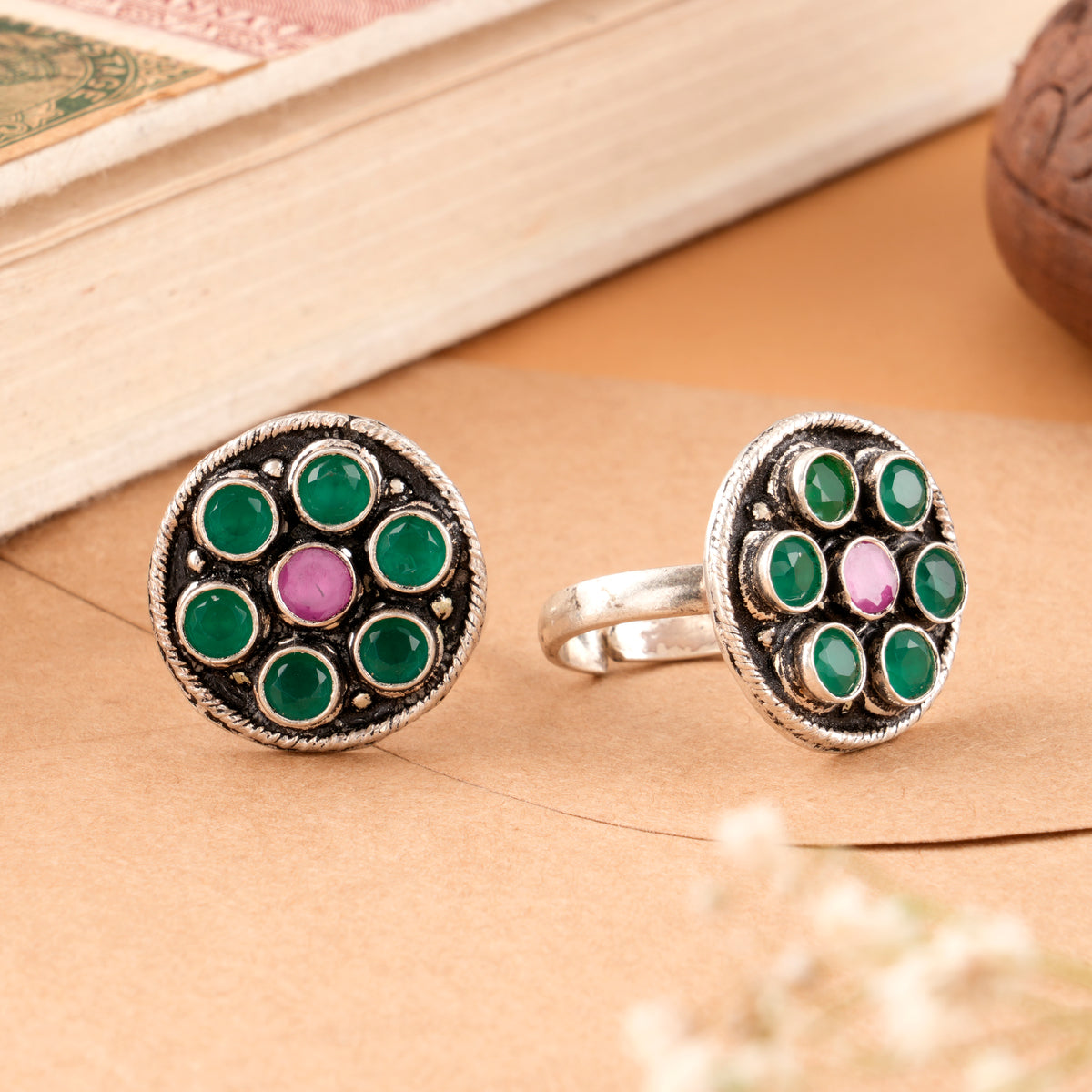Ruby and Emerald Silver Toe Ring