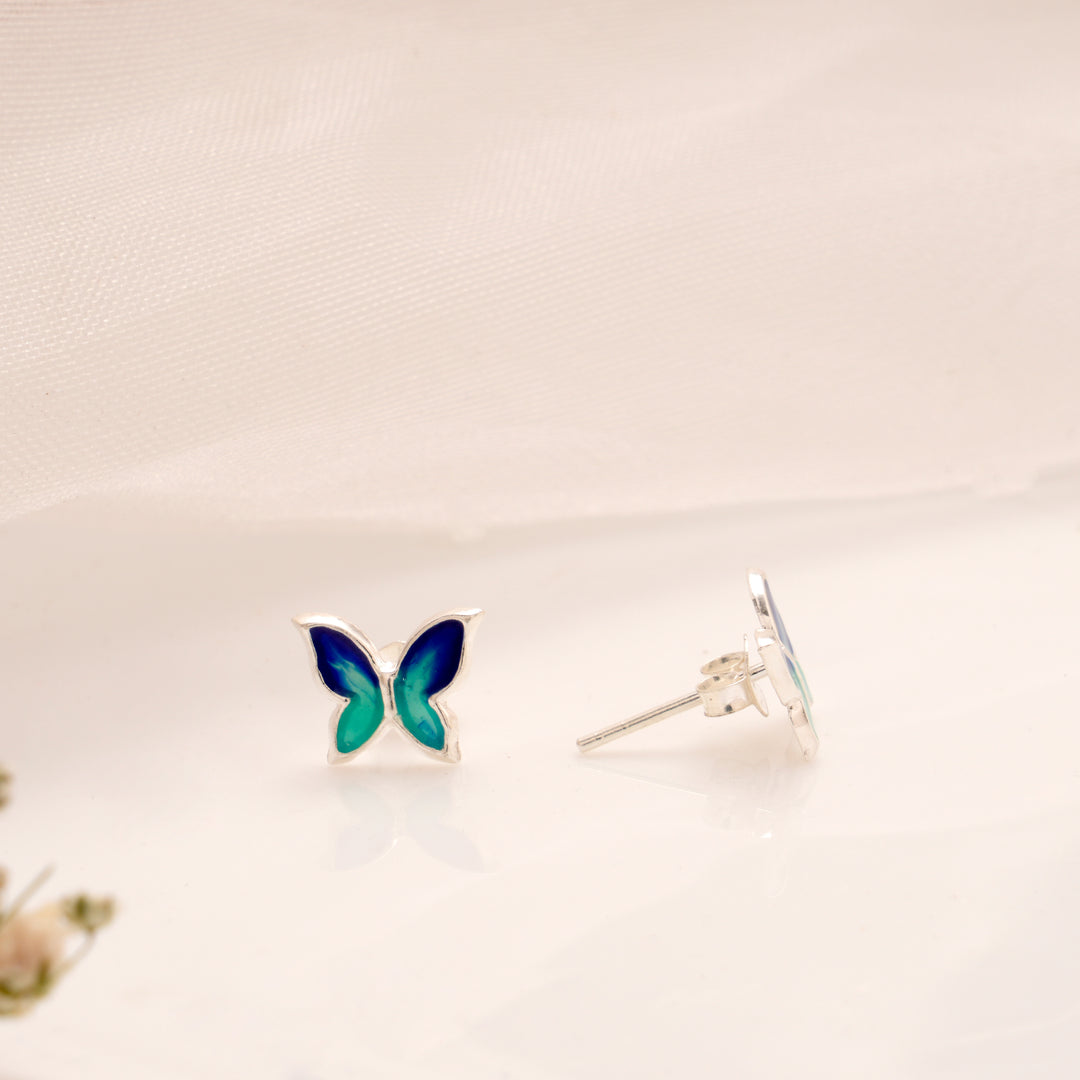 Blue Enamel Butterfly Silver Stud