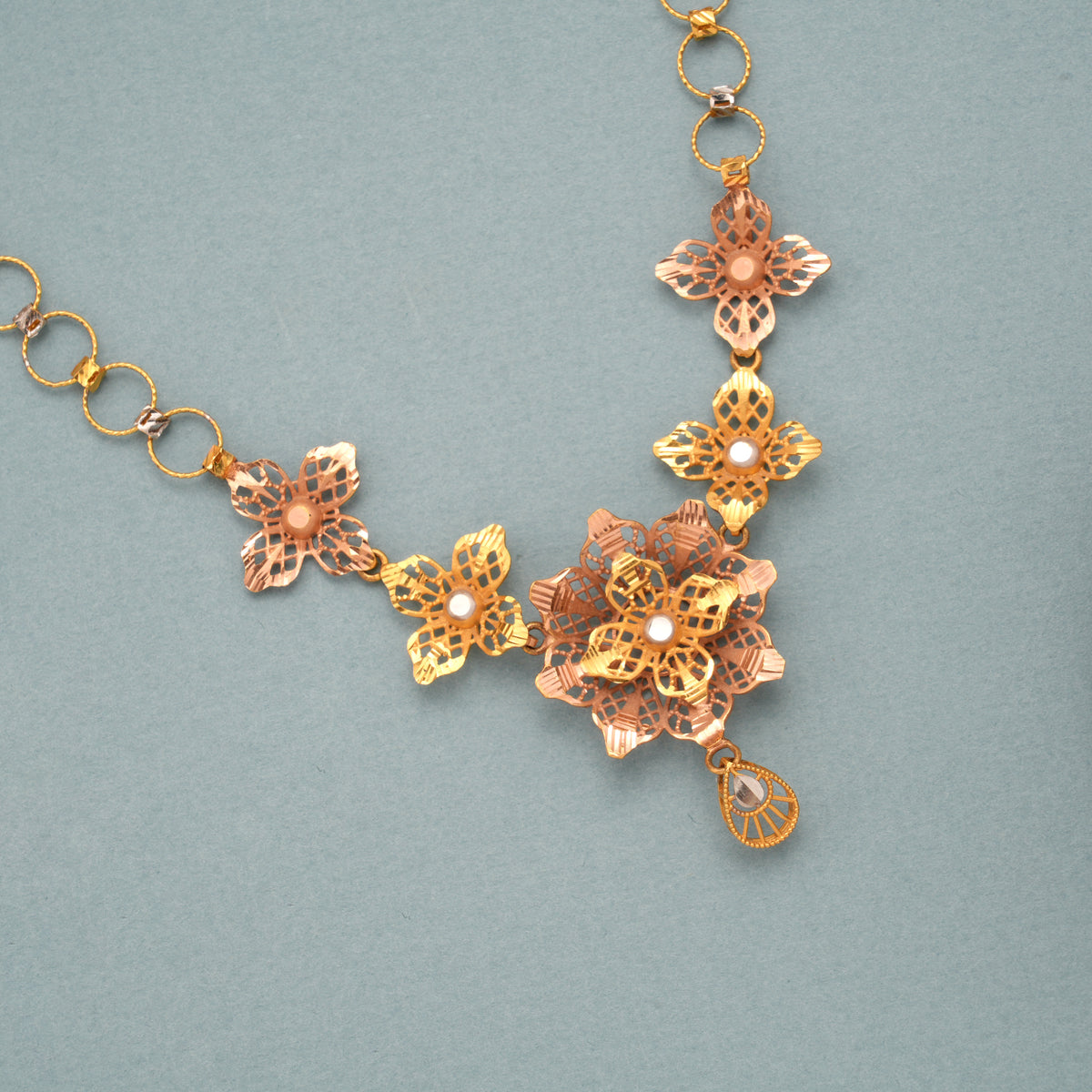 Curved Layerd Floral Dual Tone Gold Necklace