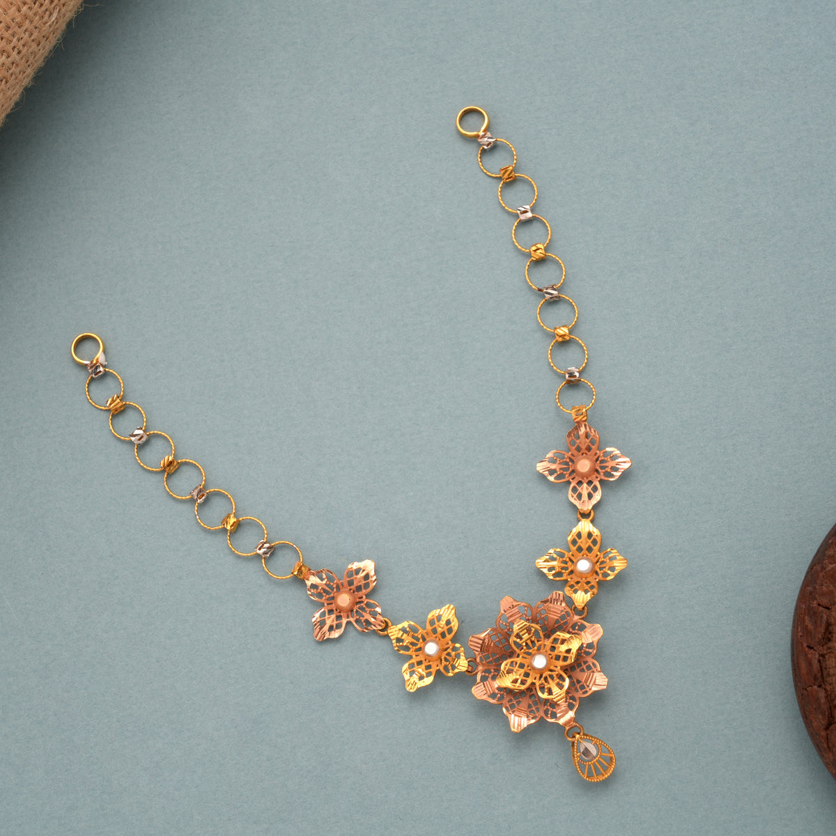 Curved Layerd Floral Dual Tone Gold Necklace