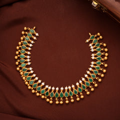 Pearl with Emerald Gold Drop Necklace