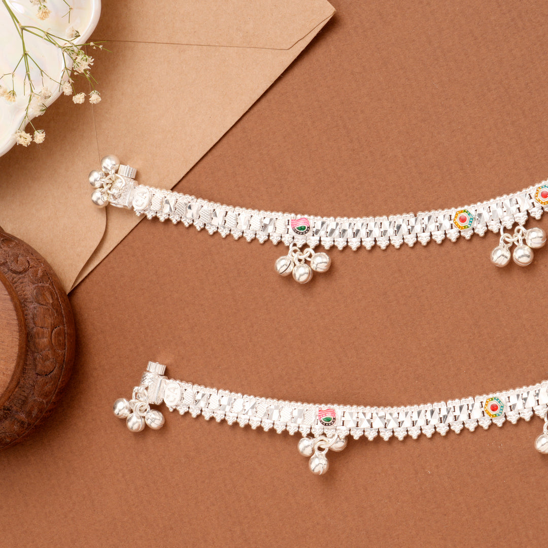 Enamel Detail Drop Silver Anklet