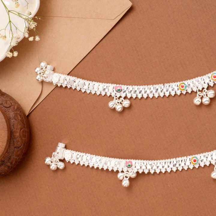 Enamel Detail Drop Silver Anklet