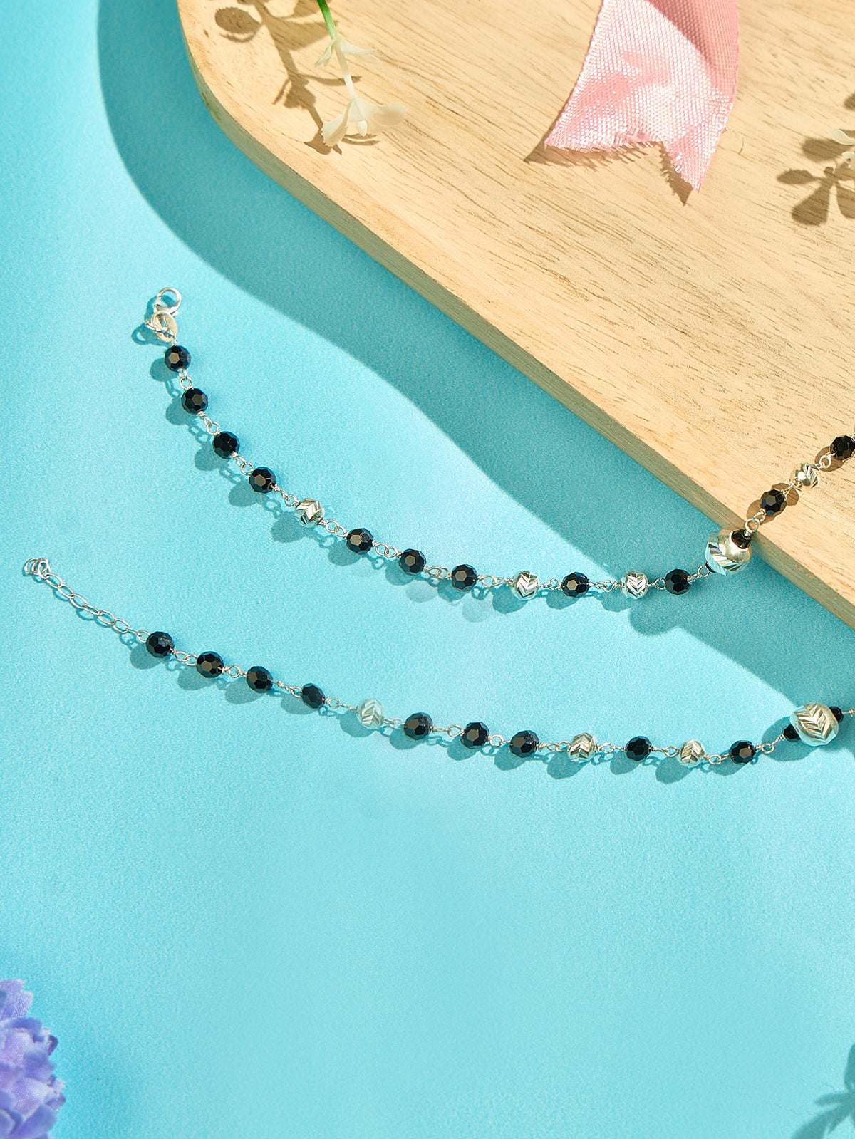 Silver and Black Beads Pattern Anklet