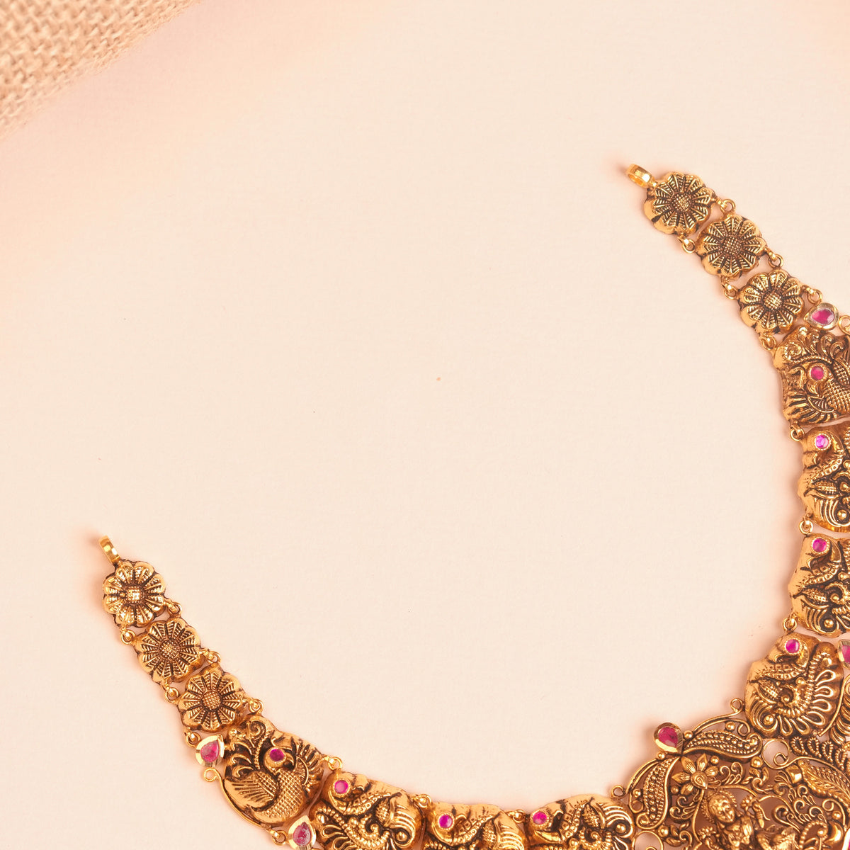 Gold Antique Lakshmi Temple Necklace with Peacock Link Chain