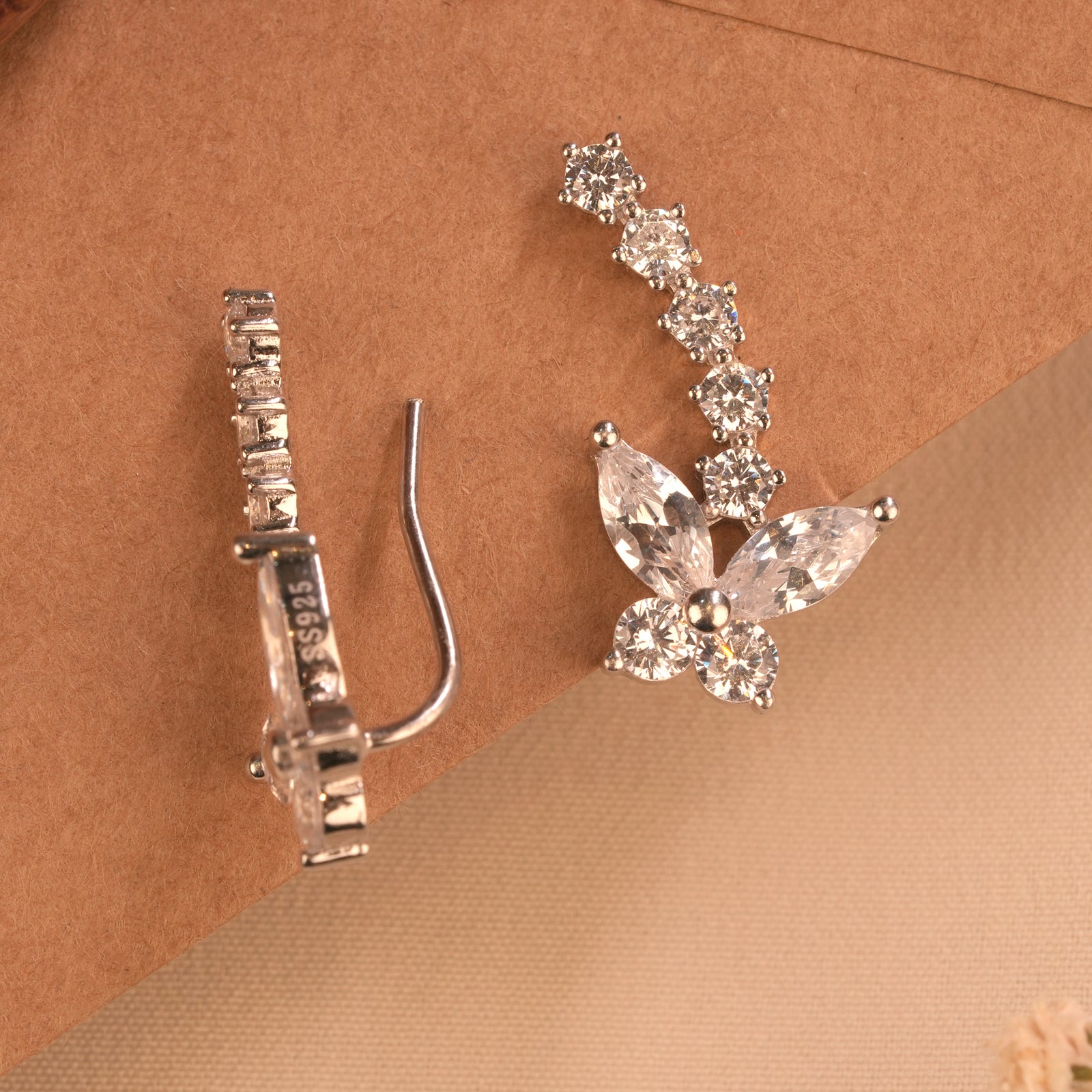 Crystal Butterfly Silver Ear Climber Stud