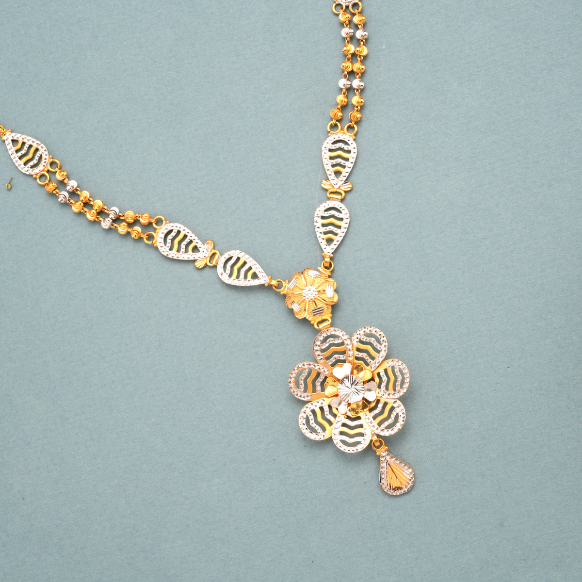 Rhodium Floral with Gold Ball Necklace