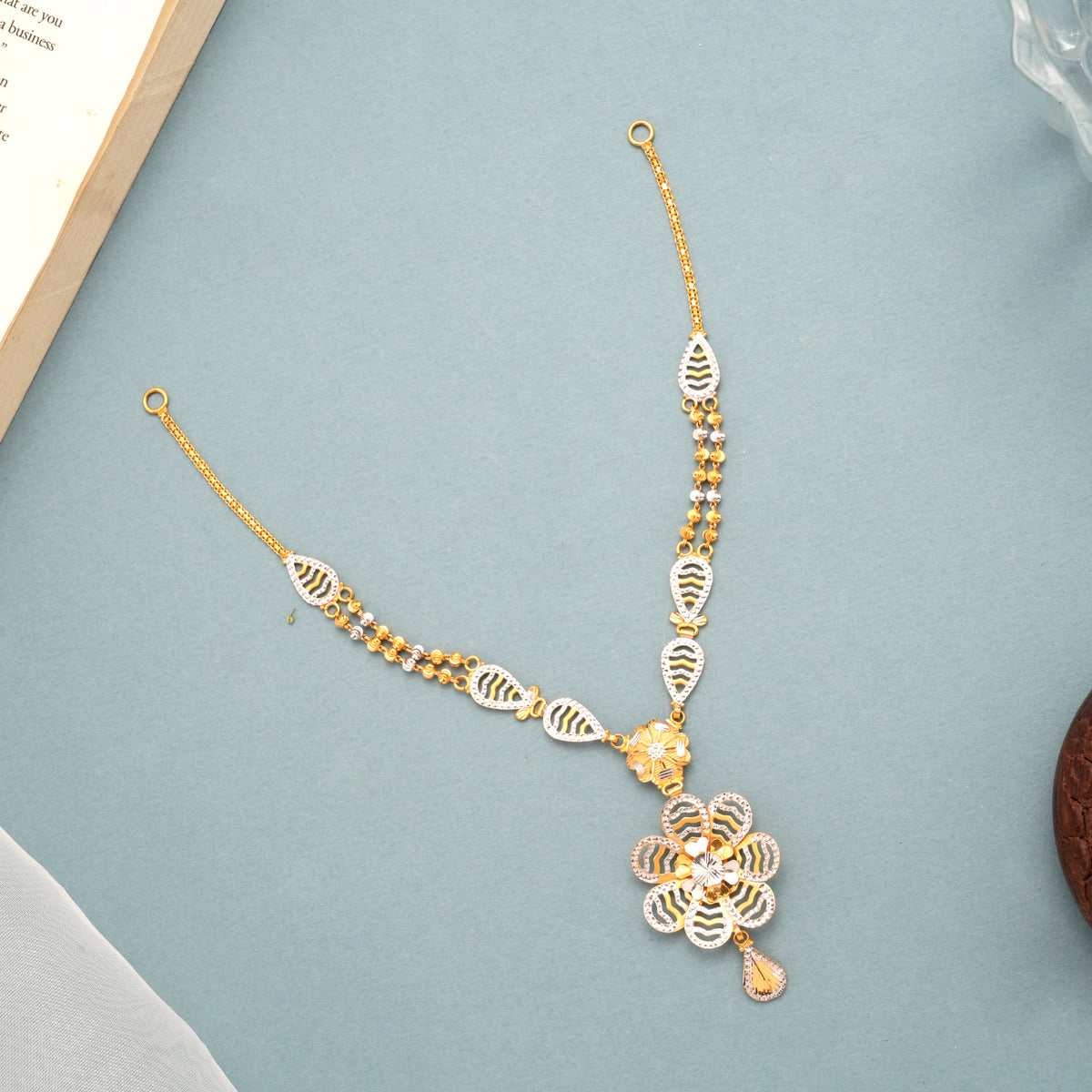 Rhodium Floral with Gold Ball Necklace