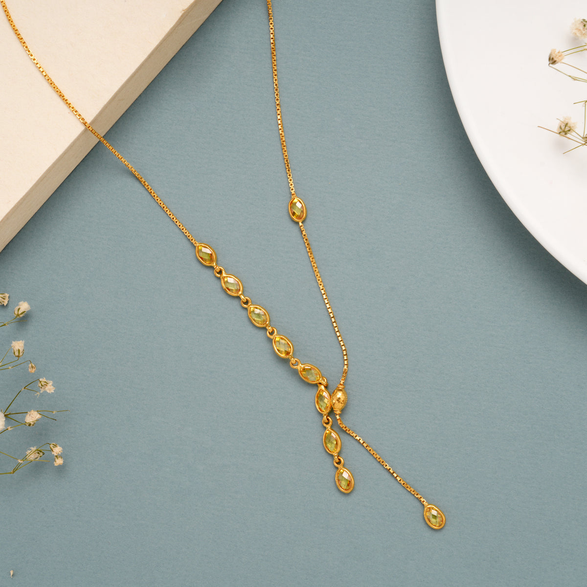 Classic Green Stone Tear Drop Design Gold Chain