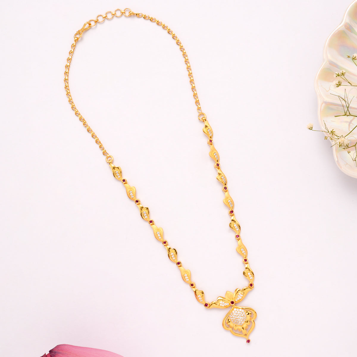 Floral Ruby Stone Golden Necklace Set