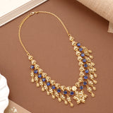 Fancy Floral Pendant Blue Stone Golden Necklace Set