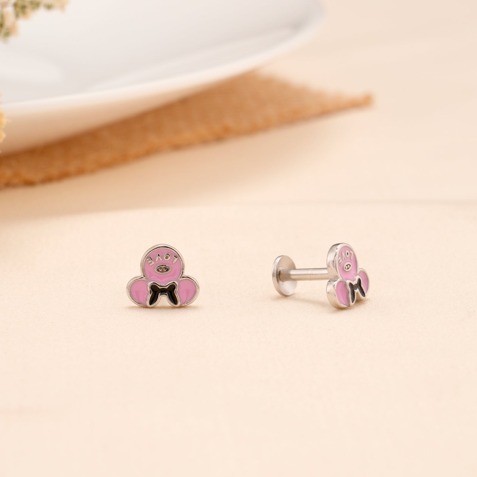 Pink Love Enamel Silver Stud
