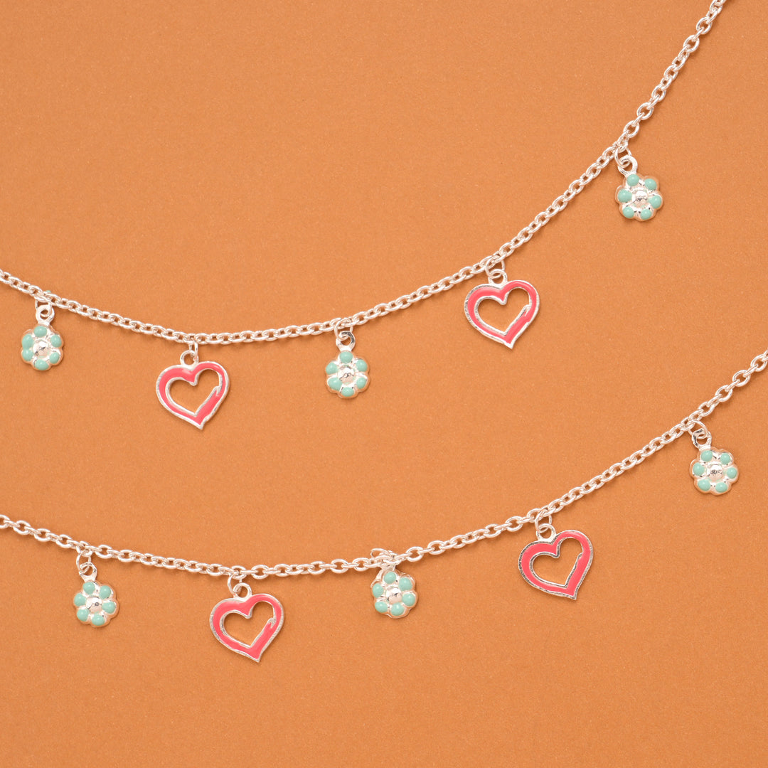 Pink Enamel Heart Silver Baby Anklets