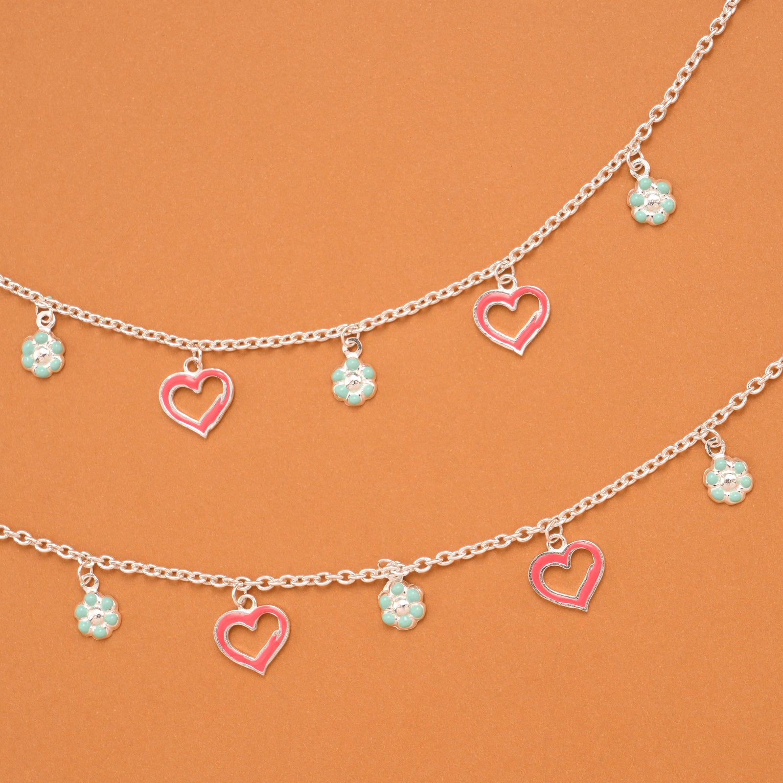 Pink Enamel Heart Silver Baby Anklets