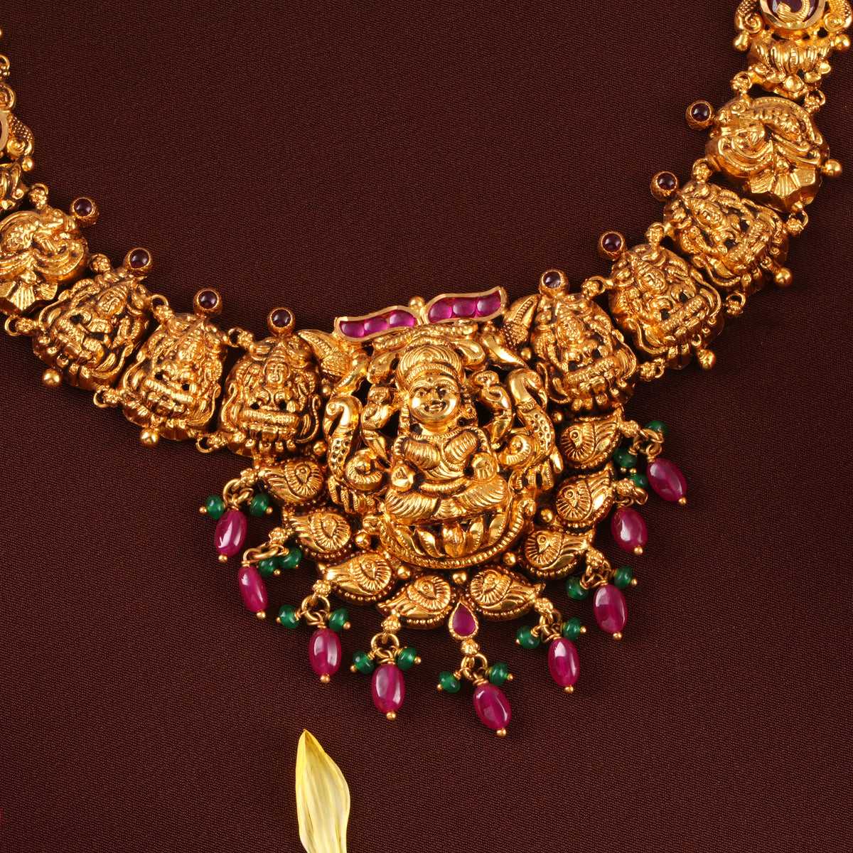 Nagas Ruby Bead Gold Lakshmi Necklace
